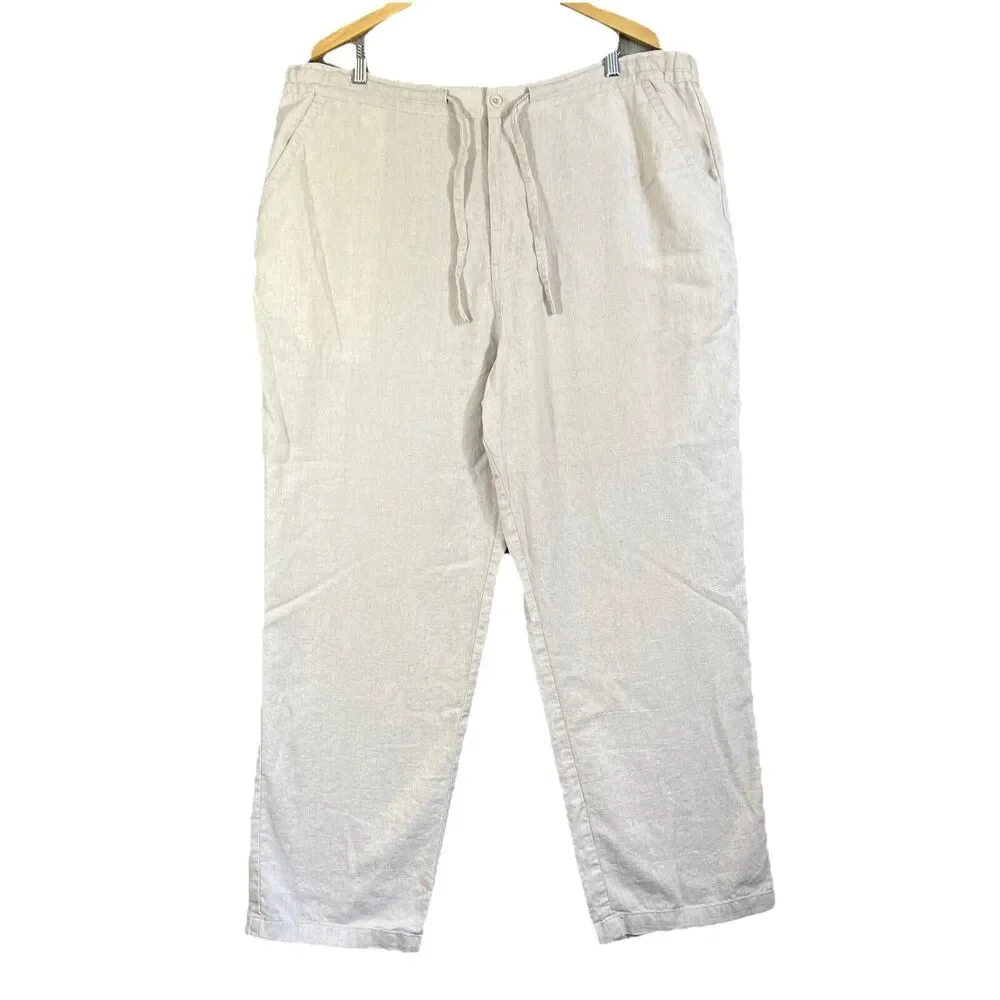 Cubavera Pants Men 2XB/32 Oatmeal Linen Blend Drawstring Elastic Straight Zip